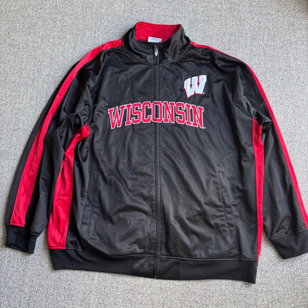 Wisconsin Badgers Majestic Track Jacket Mens‎ 4XT Black Full Zip Striped